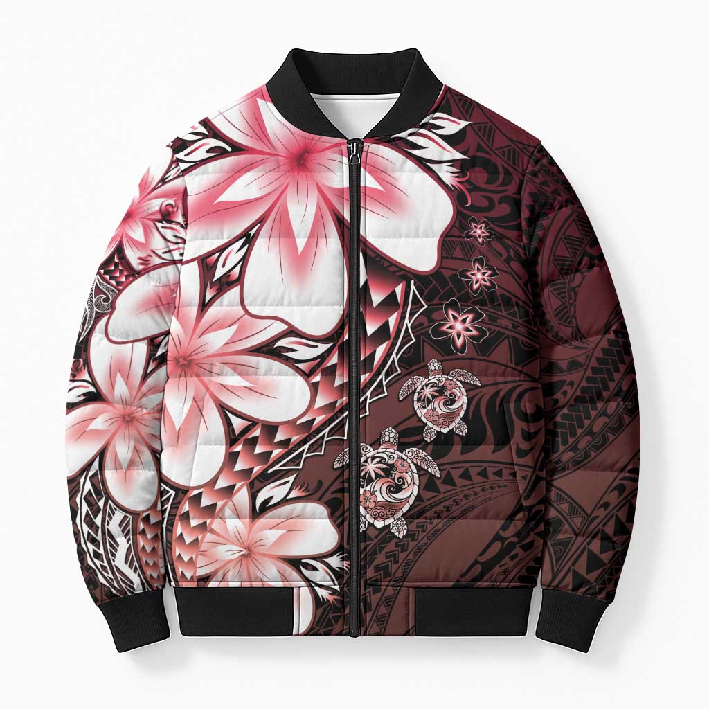 Polynesia Romantic Valentine Bomber Puffer Jacket Sea Turtle Couple With Red Gradient Plumeria