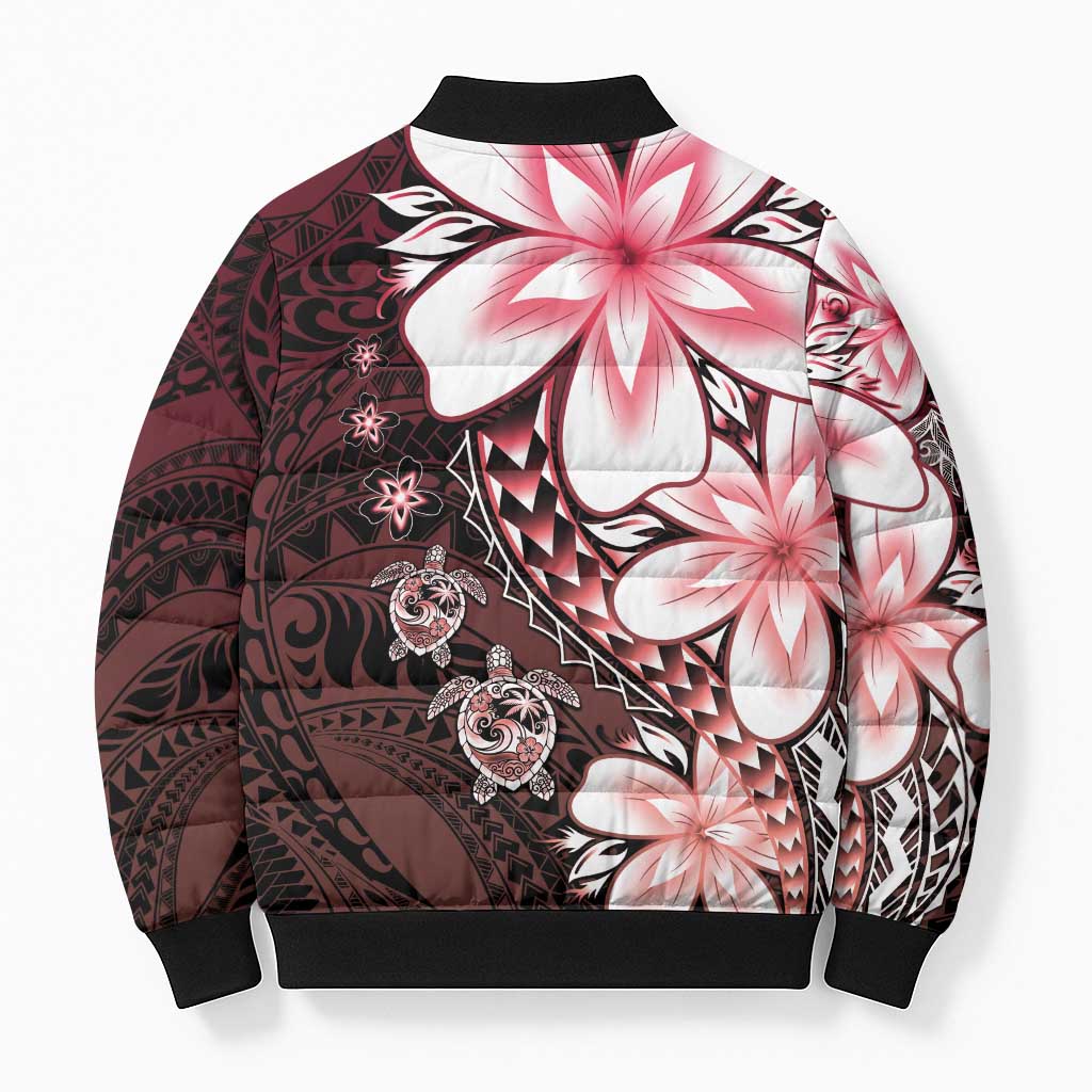 Polynesia Romantic Valentine Bomber Puffer Jacket Sea Turtle Couple With Red Gradient Plumeria