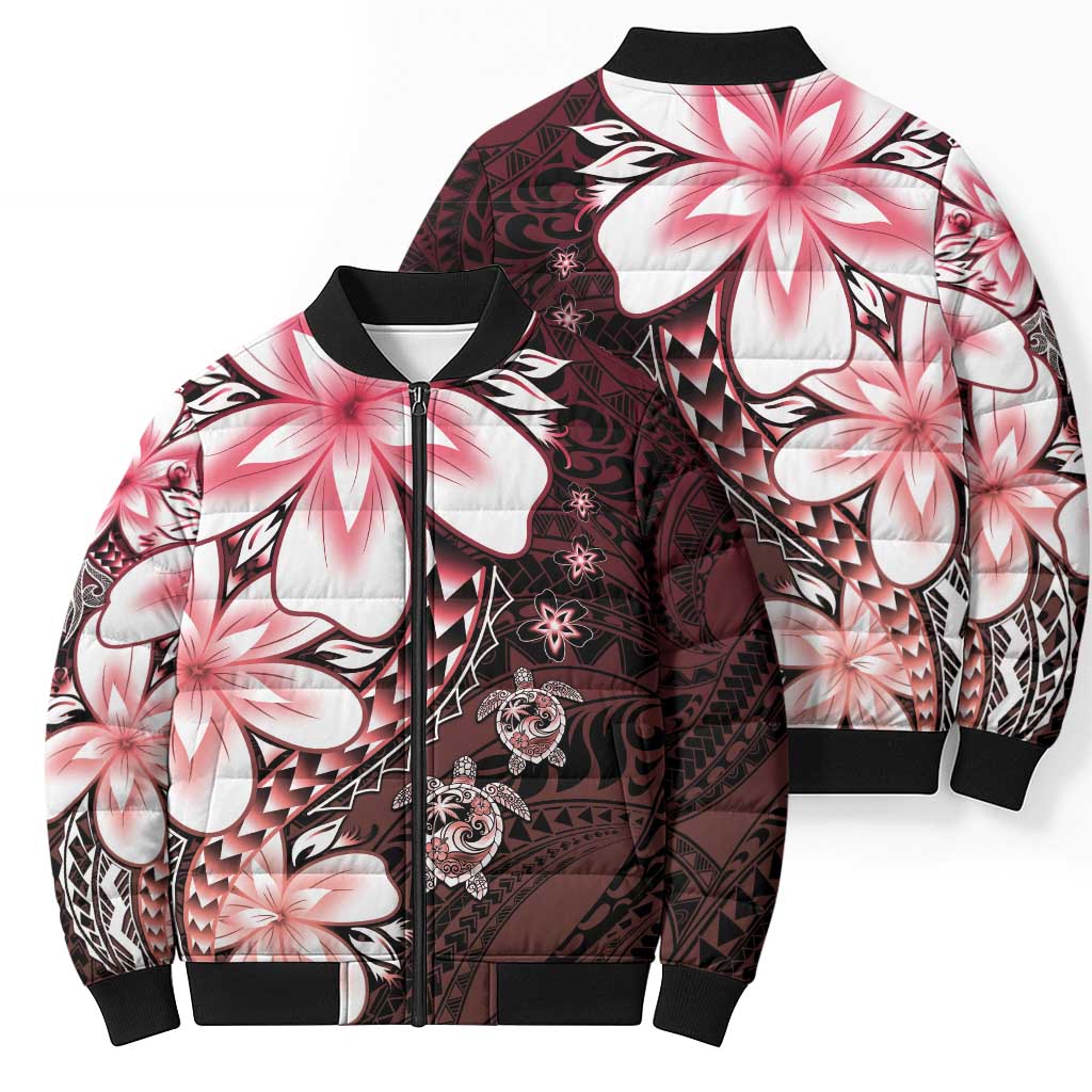 Polynesia Romantic Valentine Bomber Puffer Jacket Sea Turtle Couple With Red Gradient Plumeria