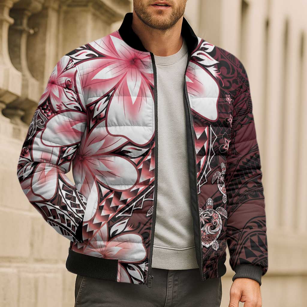 Polynesia Romantic Valentine Bomber Puffer Jacket Sea Turtle Couple With Red Gradient Plumeria
