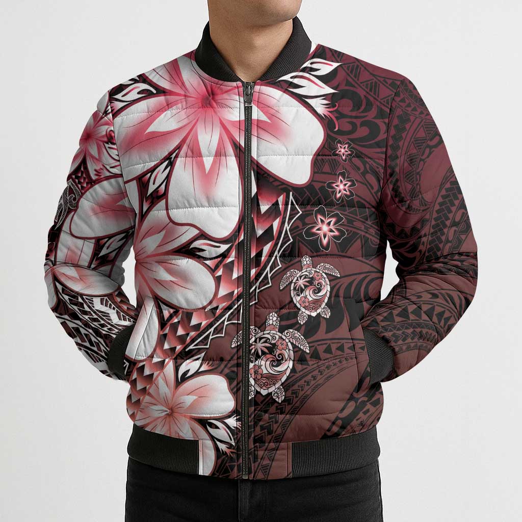 Polynesia Romantic Valentine Bomber Puffer Jacket Sea Turtle Couple With Red Gradient Plumeria