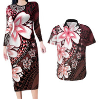 Polynesia Romantic Valentine Couples Matching Long Sleeve Bodycon Dress and Hawaiian Shirt Sea Turtle Couple With Red Gradient Plumeria LT05 Red - Polynesian Pride