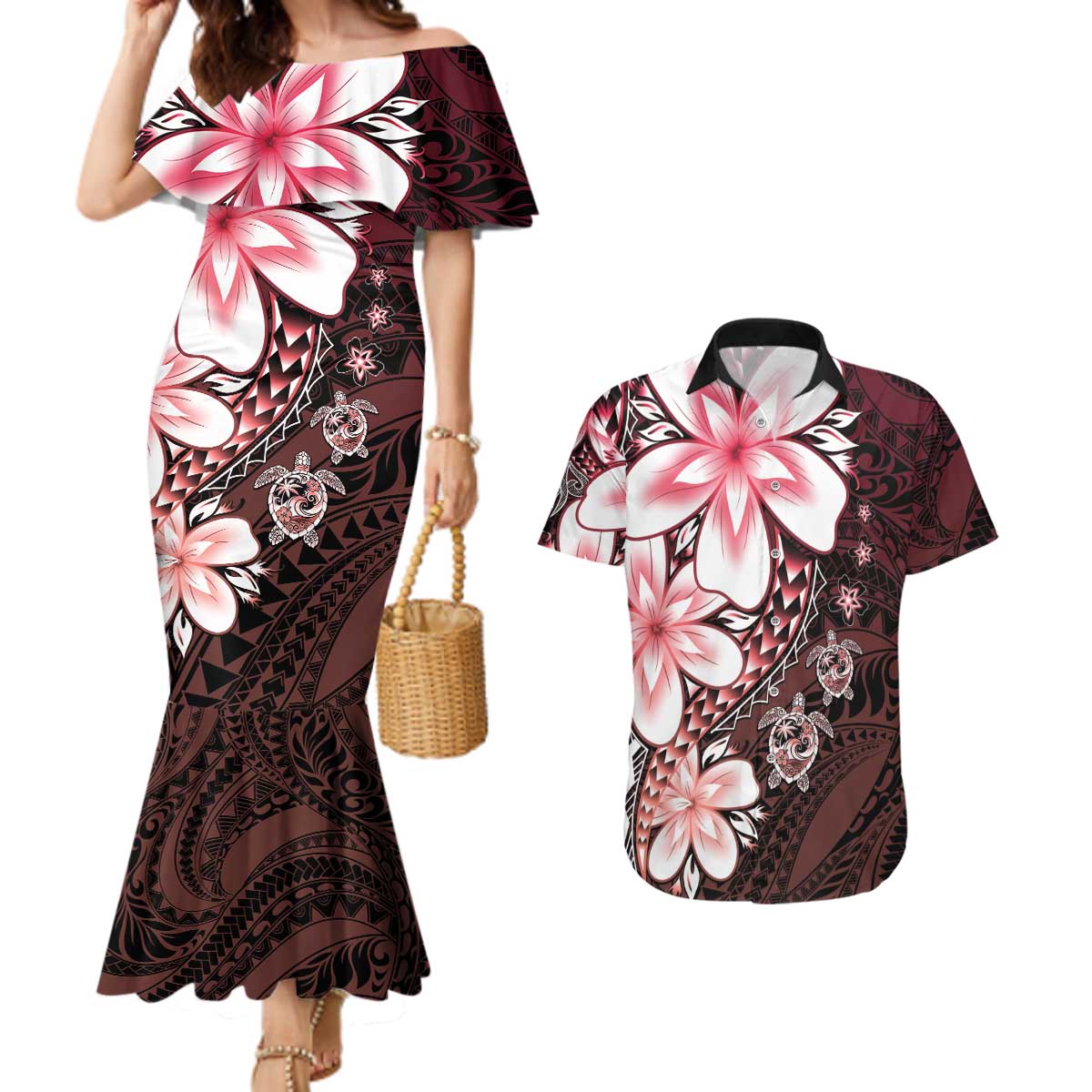 Polynesia Romantic Valentine Couples Matching Mermaid Dress and Hawaiian Shirt Sea Turtle Couple With Red Gradient Plumeria LT05 Red - Polynesian Pride