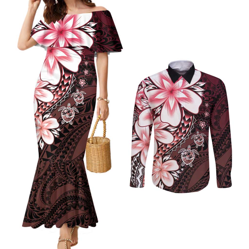 Polynesia Romantic Valentine Couples Matching Mermaid Dress and Long Sleeve Button Shirt Sea Turtle Couple With Red Gradient Plumeria