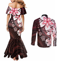 Polynesia Romantic Valentine Couples Matching Mermaid Dress and Long Sleeve Button Shirt Sea Turtle Couple With Red Gradient Plumeria LT05 - Polynesian Pride