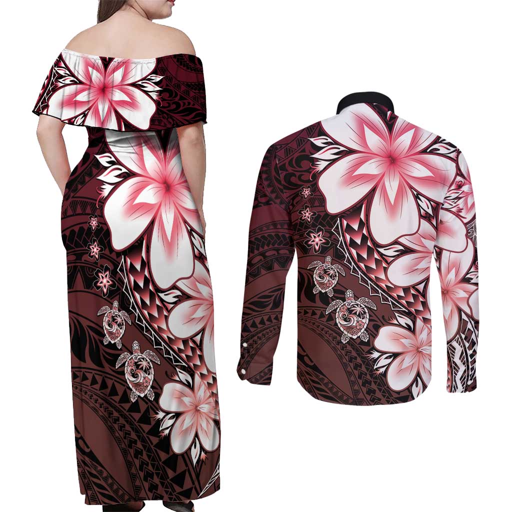 Polynesia Romantic Valentine Couples Matching Off Shoulder Maxi Dress and Long Sleeve Button Shirt Sea Turtle Couple With Red Gradient Plumeria