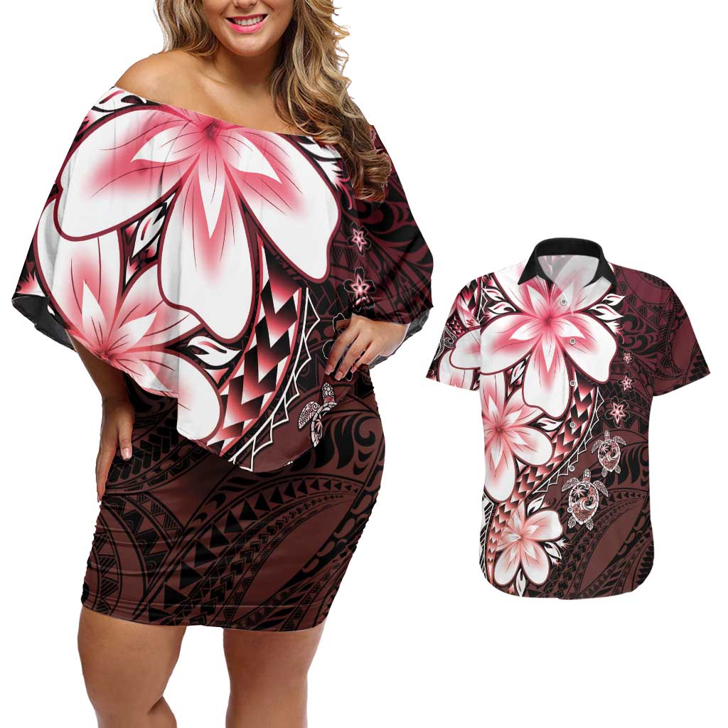 Polynesia Romantic Valentine Couples Matching Off Shoulder Short Dress and Hawaiian Shirt Sea Turtle Couple With Red Gradient Plumeria