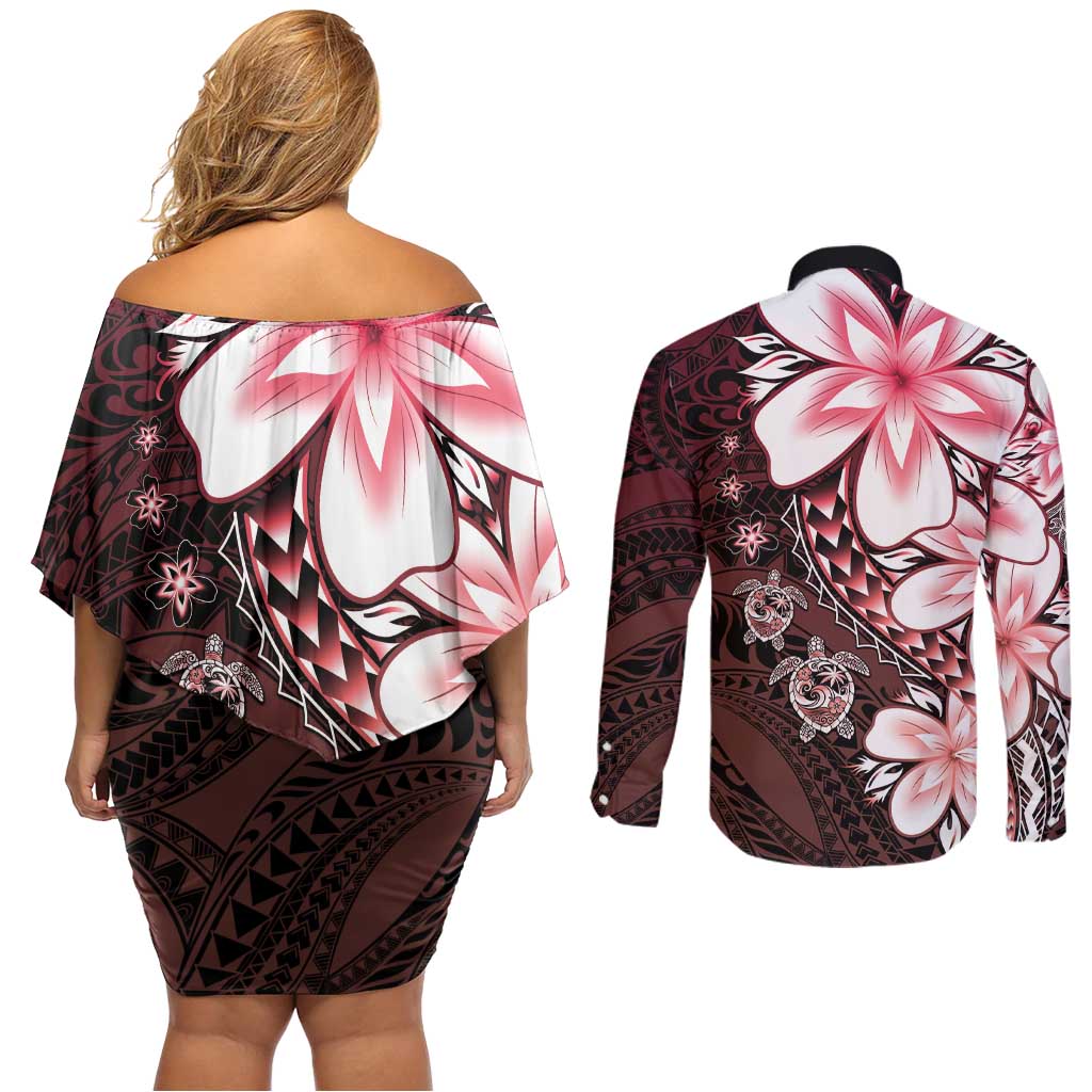 Polynesia Romantic Valentine Couples Matching Off Shoulder Short Dress and Long Sleeve Button Shirt Sea Turtle Couple With Red Gradient Plumeria