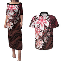 Polynesia Romantic Valentine Couples Matching Puletasi and Hawaiian Shirt Sea Turtle Couple With Red Gradient Plumeria