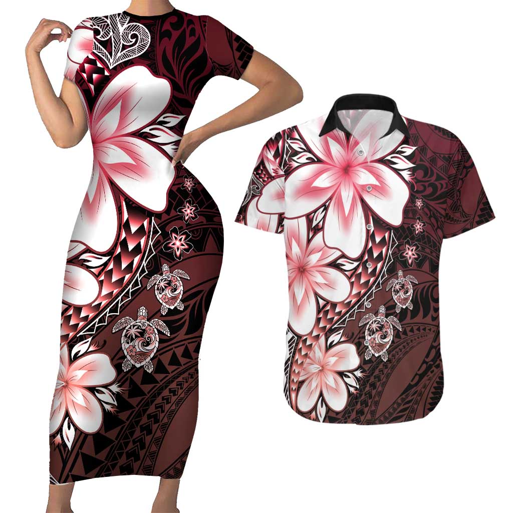 Polynesia Romantic Valentine Couples Matching Short Sleeve Bodycon Dress and Hawaiian Shirt Sea Turtle Couple With Red Gradient Plumeria