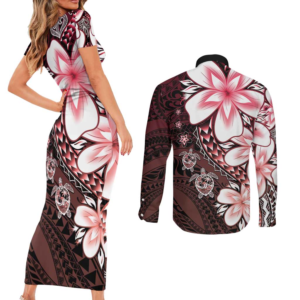 Polynesia Romantic Valentine Couples Matching Short Sleeve Bodycon Dress and Long Sleeve Button Shirt Sea Turtle Couple With Red Gradient Plumeria