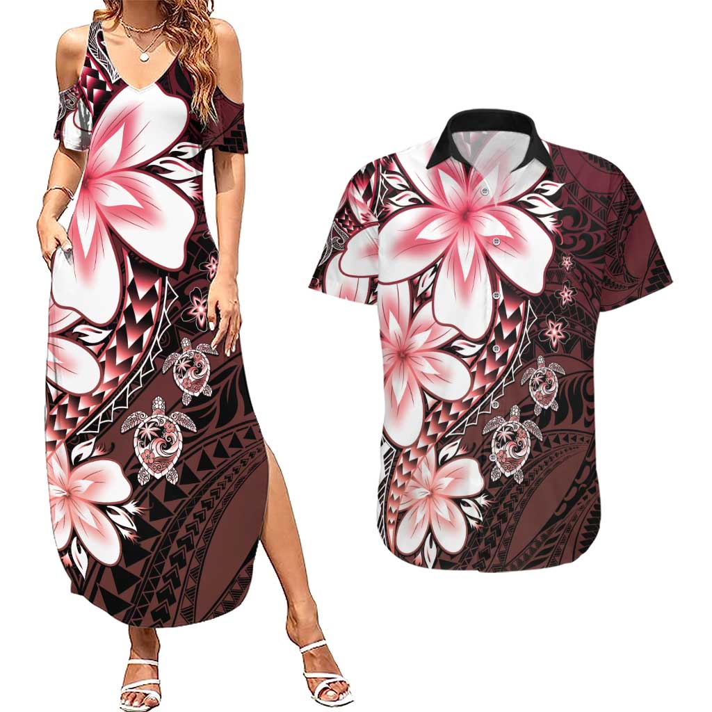 Polynesia Romantic Valentine Couples Matching Summer Maxi Dress and Hawaiian Shirt Sea Turtle Couple With Red Gradient Plumeria LT05 Red - Polynesian Pride