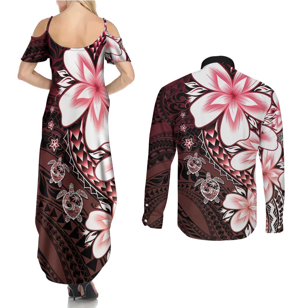 Polynesia Romantic Valentine Couples Matching Summer Maxi Dress and Long Sleeve Button Shirt Sea Turtle Couple With Red Gradient Plumeria