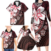 Polynesia Romantic Valentine Family Matching Long Sleeve Bodycon Dress and Hawaiian Shirt Sea Turtle Couple With Red Gradient Plumeria