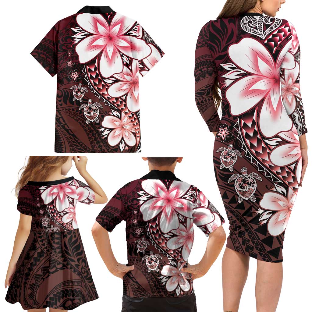 Polynesia Romantic Valentine Family Matching Long Sleeve Bodycon Dress and Hawaiian Shirt Sea Turtle Couple With Red Gradient Plumeria