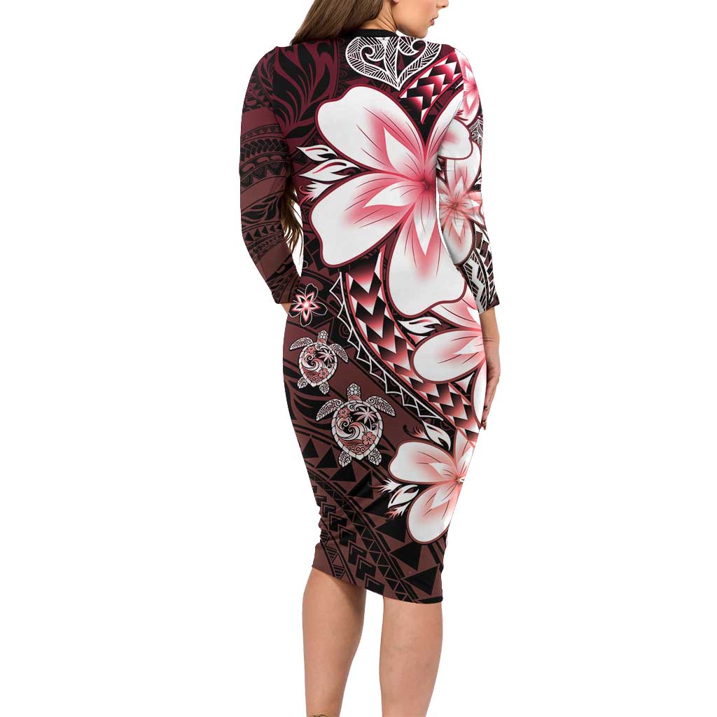 Polynesia Romantic Valentine Family Matching Long Sleeve Bodycon Dress and Hawaiian Shirt Sea Turtle Couple With Red Gradient Plumeria
