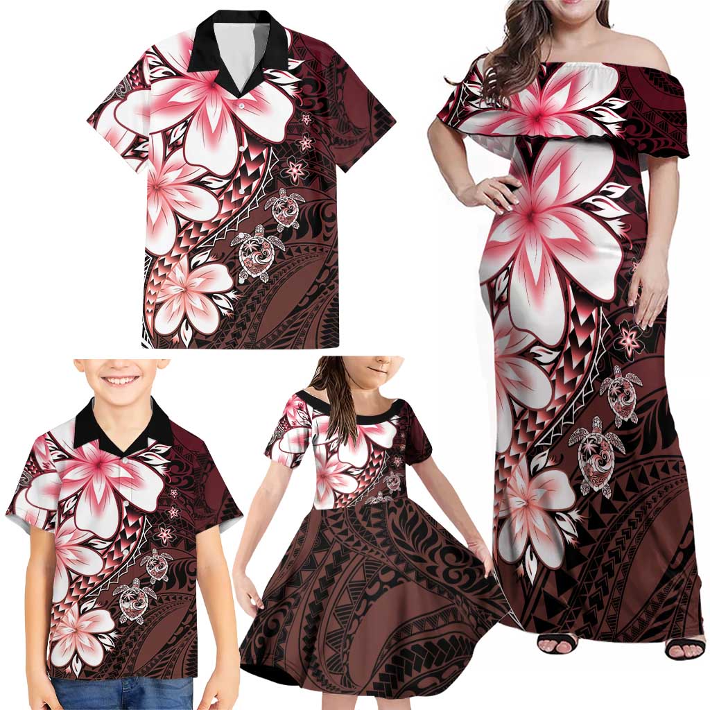 Polynesia Romantic Valentine Family Matching Off Shoulder Maxi Dress and Hawaiian Shirt Sea Turtle Couple With Red Gradient Plumeria