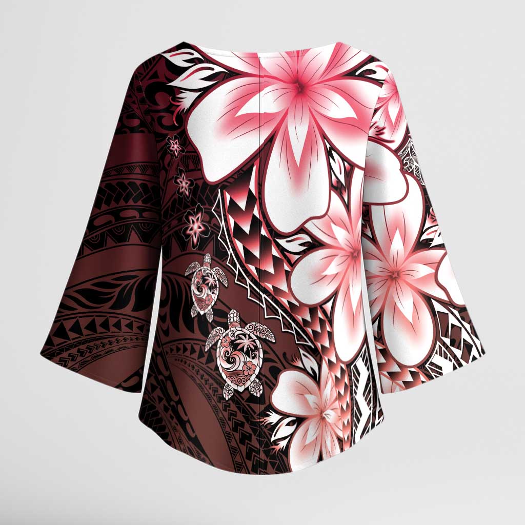 Polynesia Romantic Valentine Kimono Sleeve Blouse Sea Turtle Couple With Red Gradient Plumeria