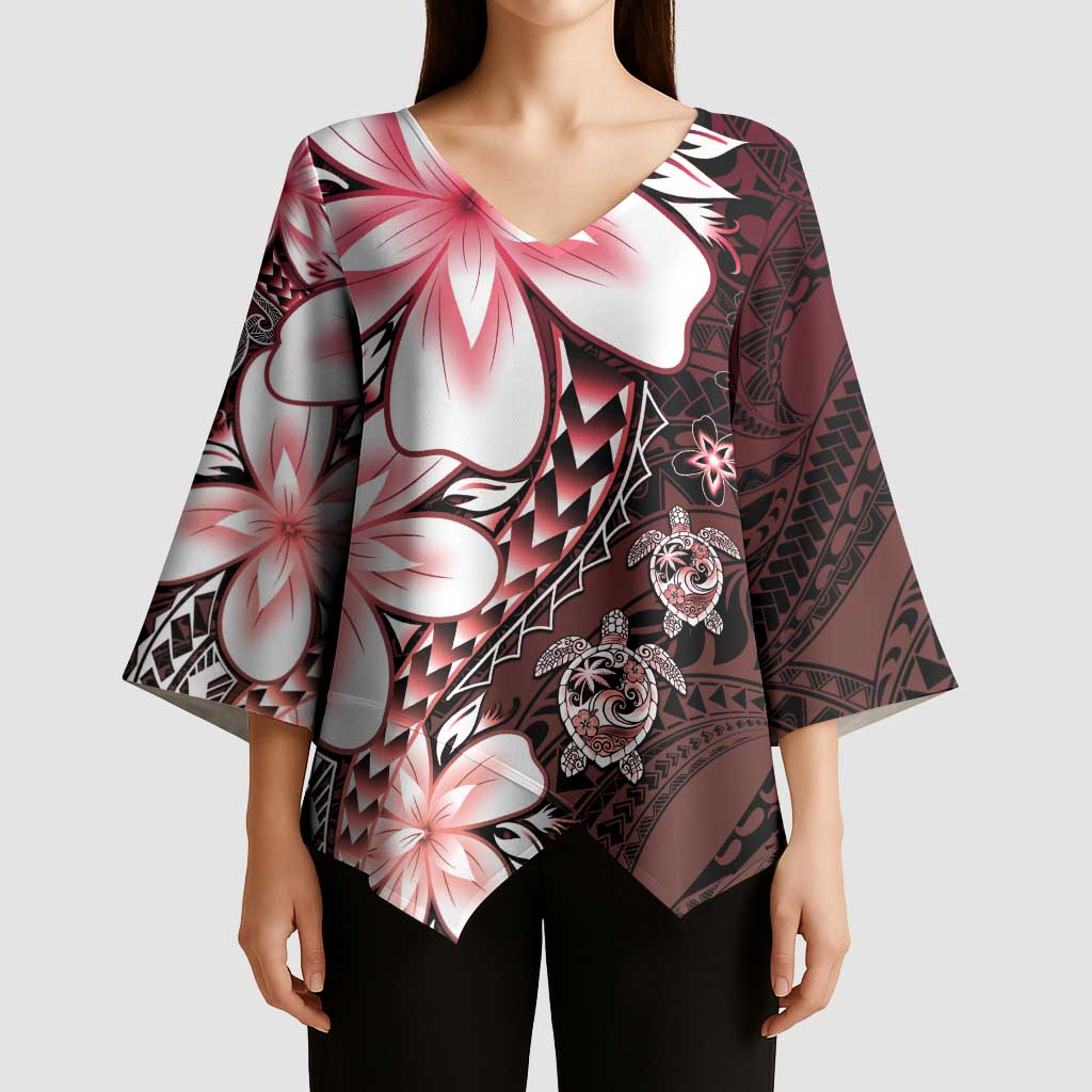 Polynesia Romantic Valentine Kimono Sleeve Blouse Sea Turtle Couple With Red Gradient Plumeria