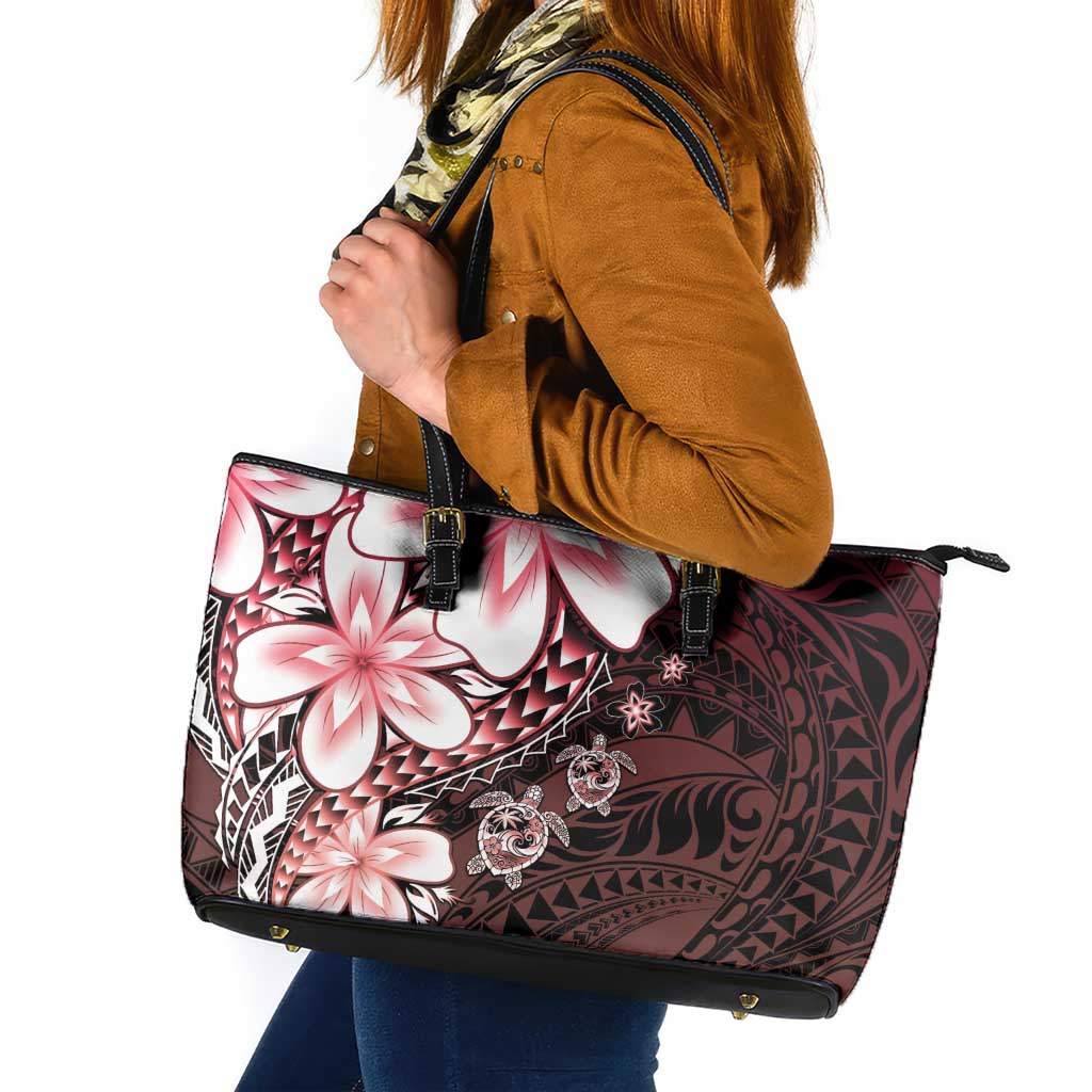 Polynesia Romantic Valentine Leather Tote Bag Sea Turtle Couple With Red Gradient Plumeria