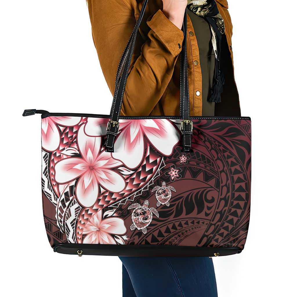 Polynesia Romantic Valentine Leather Tote Bag Sea Turtle Couple With Red Gradient Plumeria