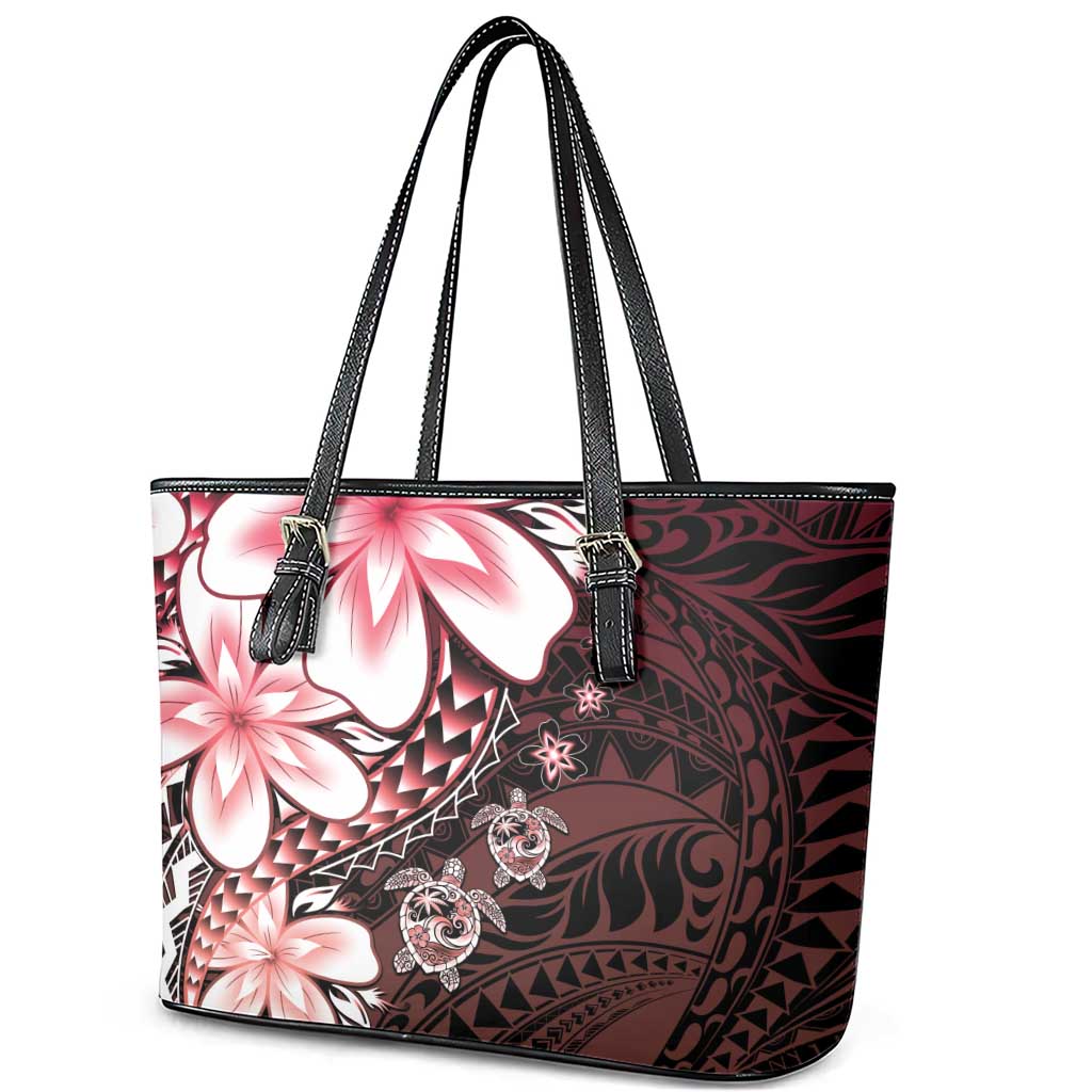 Polynesia Romantic Valentine Leather Tote Bag Sea Turtle Couple With Red Gradient Plumeria