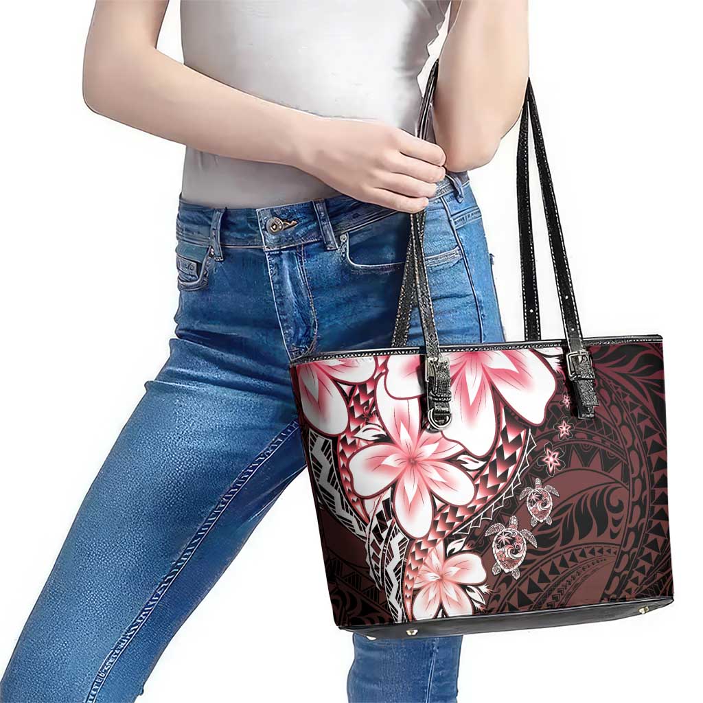 Polynesia Romantic Valentine Leather Tote Bag Sea Turtle Couple With Red Gradient Plumeria