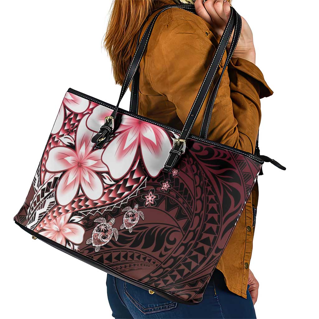 Polynesia Romantic Valentine Leather Tote Bag Sea Turtle Couple With Red Gradient Plumeria
