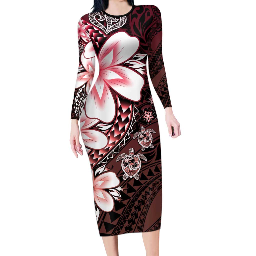Polynesia Romantic Valentine Long Sleeve Bodycon Dress Sea Turtle Couple With Red Gradient Plumeria