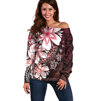Polynesia Romantic Valentine Off Shoulder Sweater Sea Turtle Couple With Red Gradient Plumeria