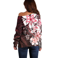 Polynesia Romantic Valentine Off Shoulder Sweater Sea Turtle Couple With Red Gradient Plumeria