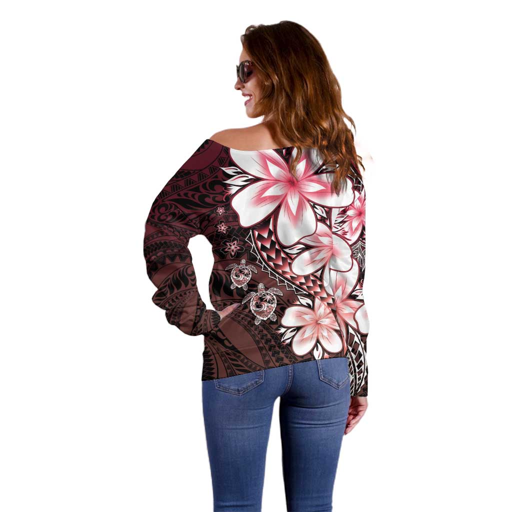 Polynesia Romantic Valentine Off Shoulder Sweater Sea Turtle Couple With Red Gradient Plumeria