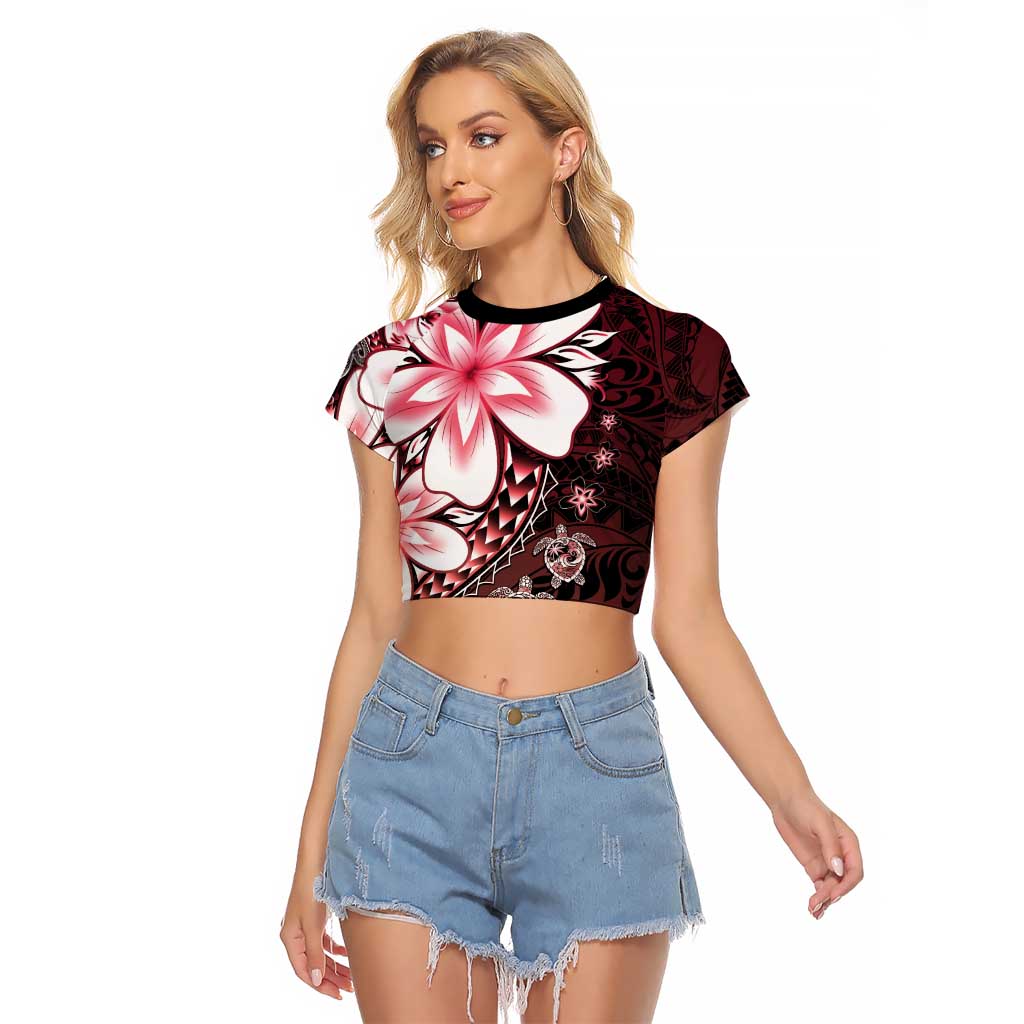 Polynesia Romantic Valentine Raglan Cropped T Shirt Sea Turtle Couple With Red Gradient Plumeria