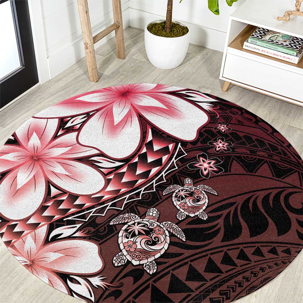 Polynesia Romantic Valentine Round Carpet Sea Turtle Couple With Red Gradient Plumeria