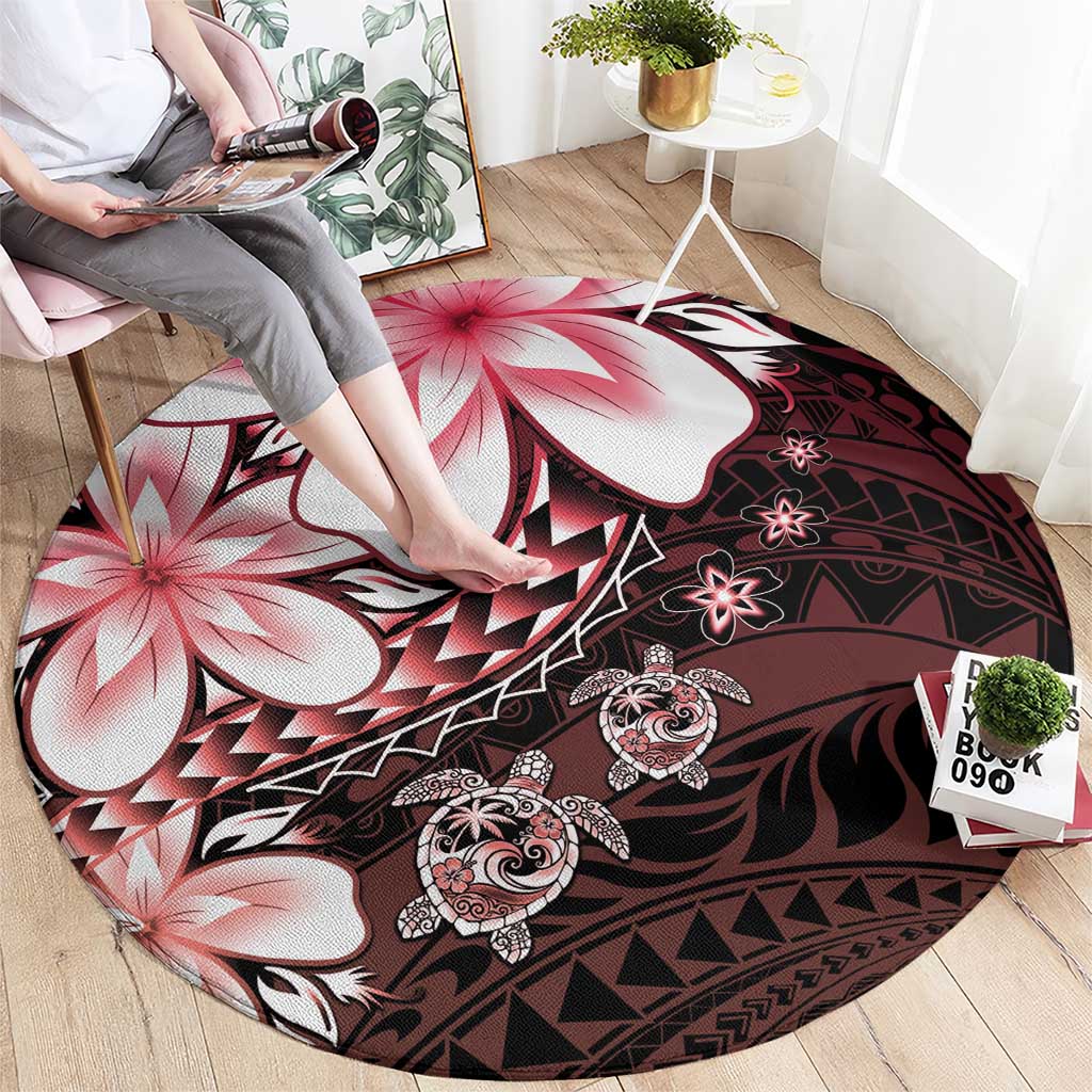 Polynesia Romantic Valentine Round Carpet Sea Turtle Couple With Red Gradient Plumeria