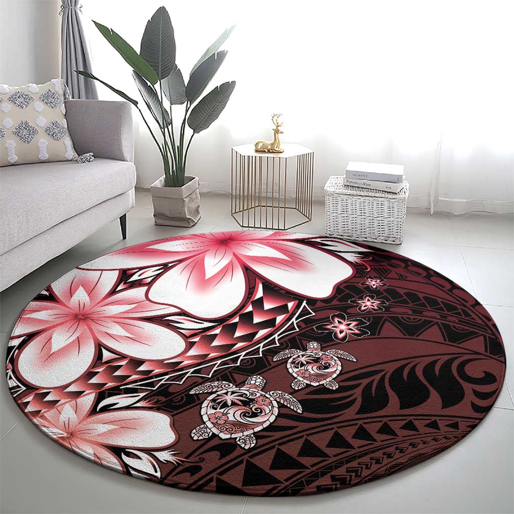 Polynesia Romantic Valentine Round Carpet Sea Turtle Couple With Red Gradient Plumeria