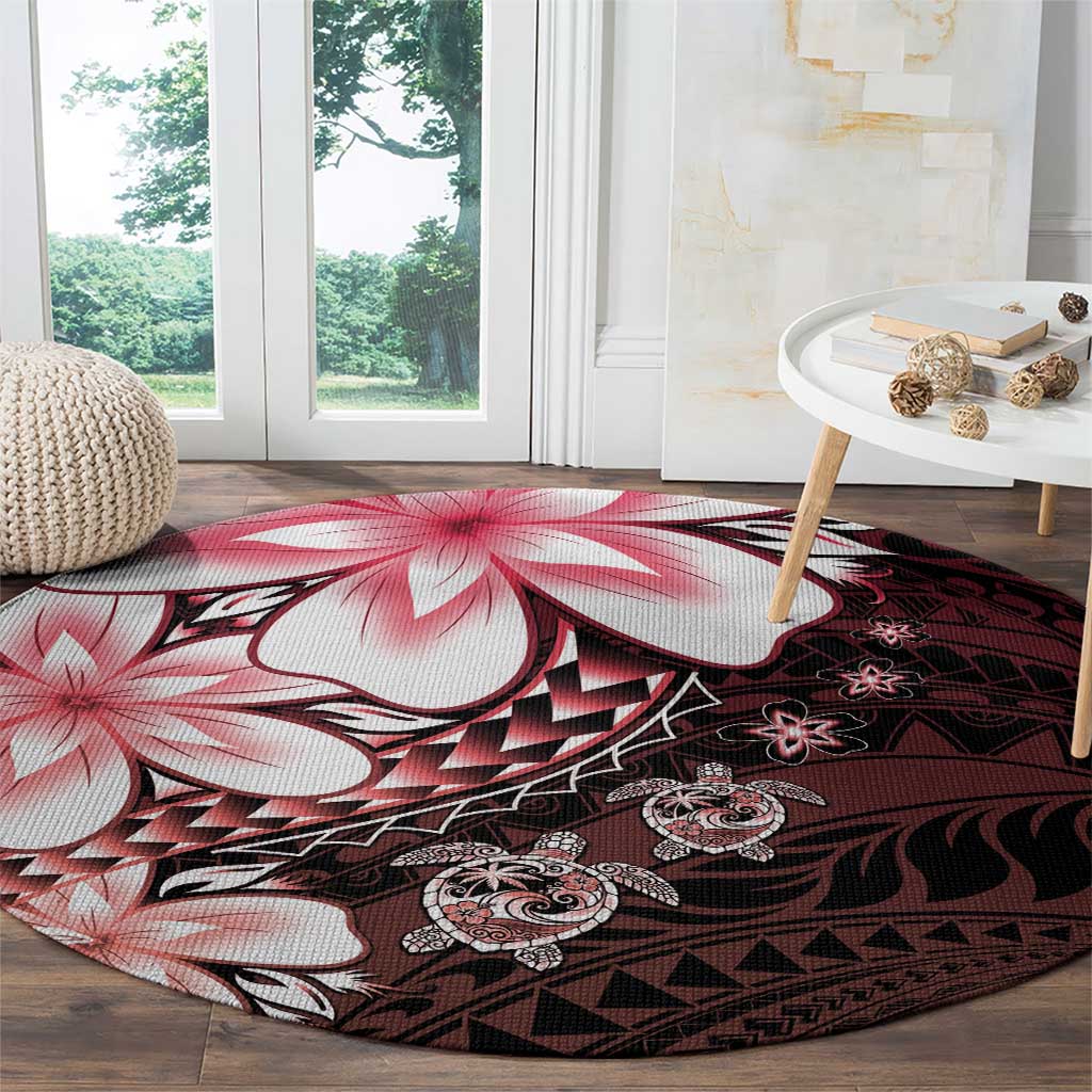 Polynesia Romantic Valentine Round Carpet Sea Turtle Couple With Red Gradient Plumeria