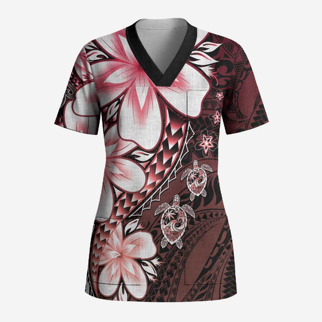 Polynesia Romantic Valentine Scrub Top Sea Turtle Couple With Red Gradient Plumeria