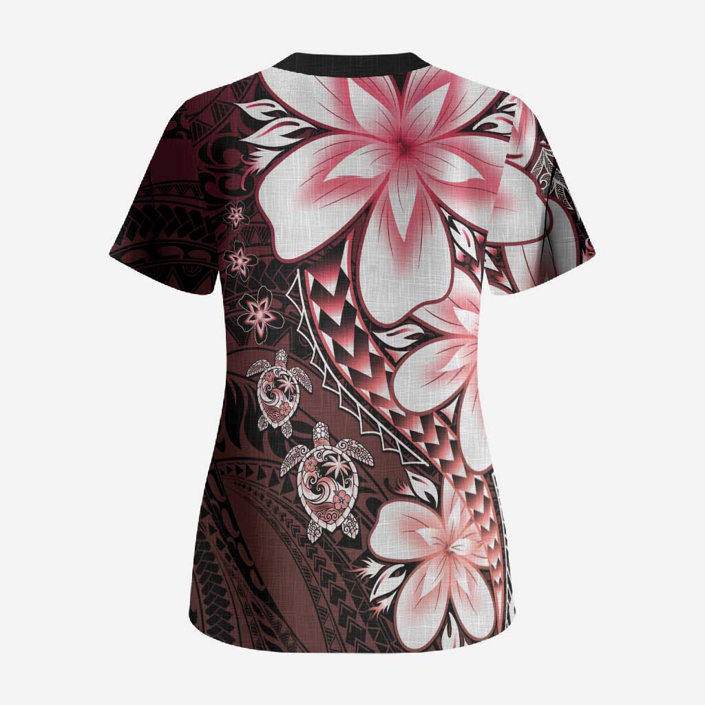 Polynesia Romantic Valentine Scrub Top Sea Turtle Couple With Red Gradient Plumeria