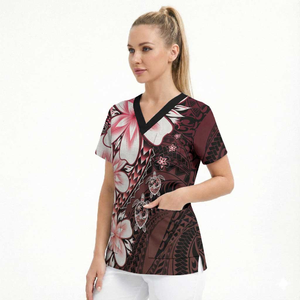 Polynesia Romantic Valentine Scrub Top Sea Turtle Couple With Red Gradient Plumeria
