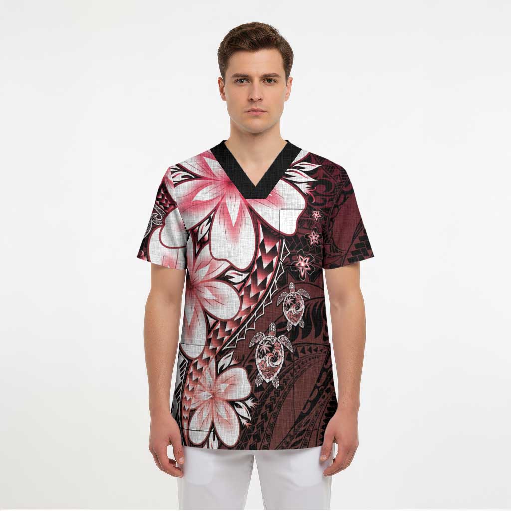 Polynesia Romantic Valentine Scrub Top Sea Turtle Couple With Red Gradient Plumeria