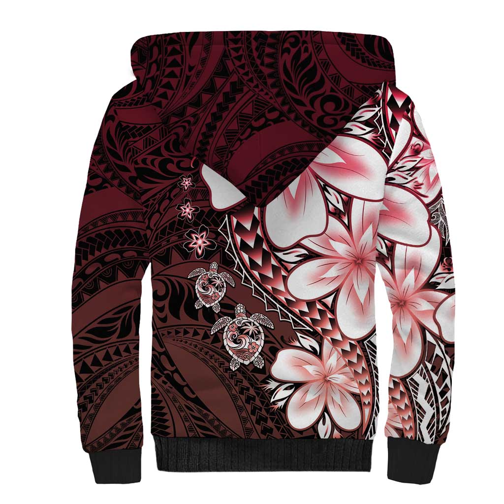 Polynesia Romantic Valentine Sherpa Hoodie Sea Turtle Couple With Red Gradient Plumeria