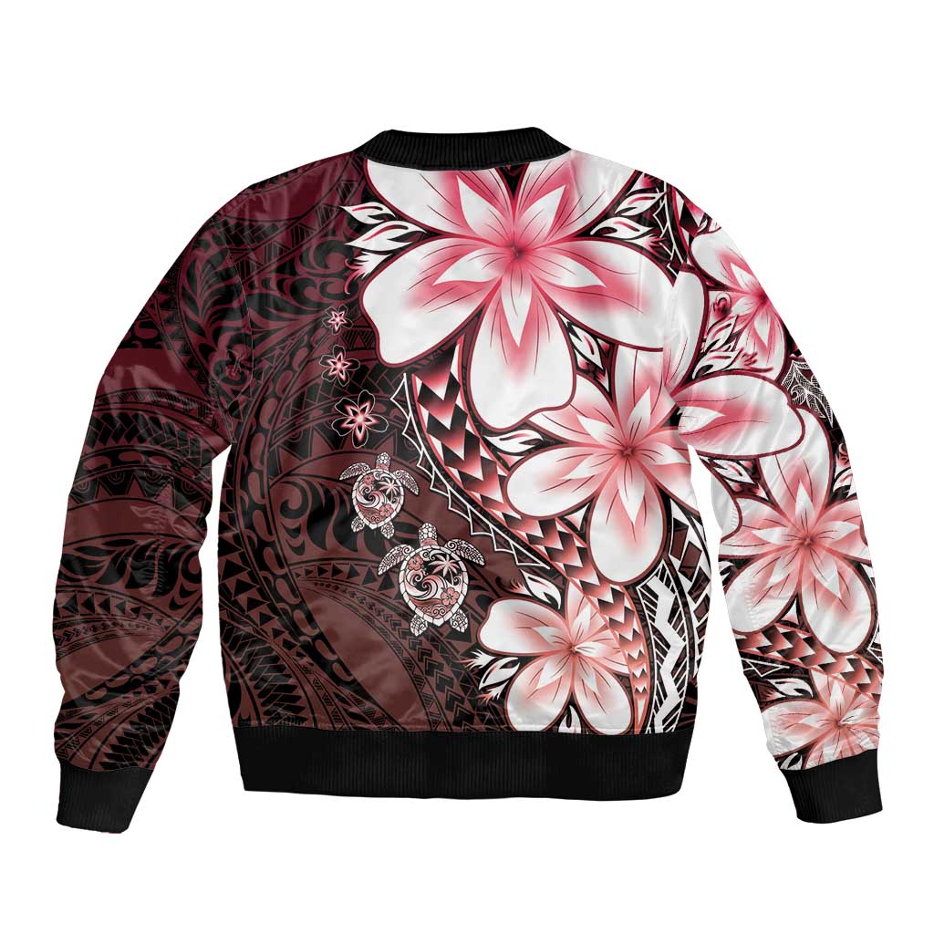 Polynesia Romantic Valentine Sleeve Zip Bomber Jacket Sea Turtle Couple With Red Gradient Plumeria LT05 - Polynesian Pride