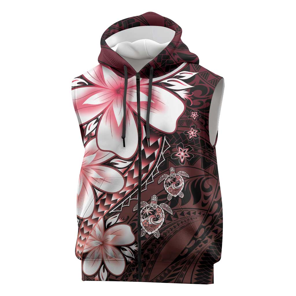 Polynesia Romantic Valentine Sleeveless Zip Hoodie Sea Turtle Couple With Red Gradient Plumeria LT05 Red - Polynesian Pride