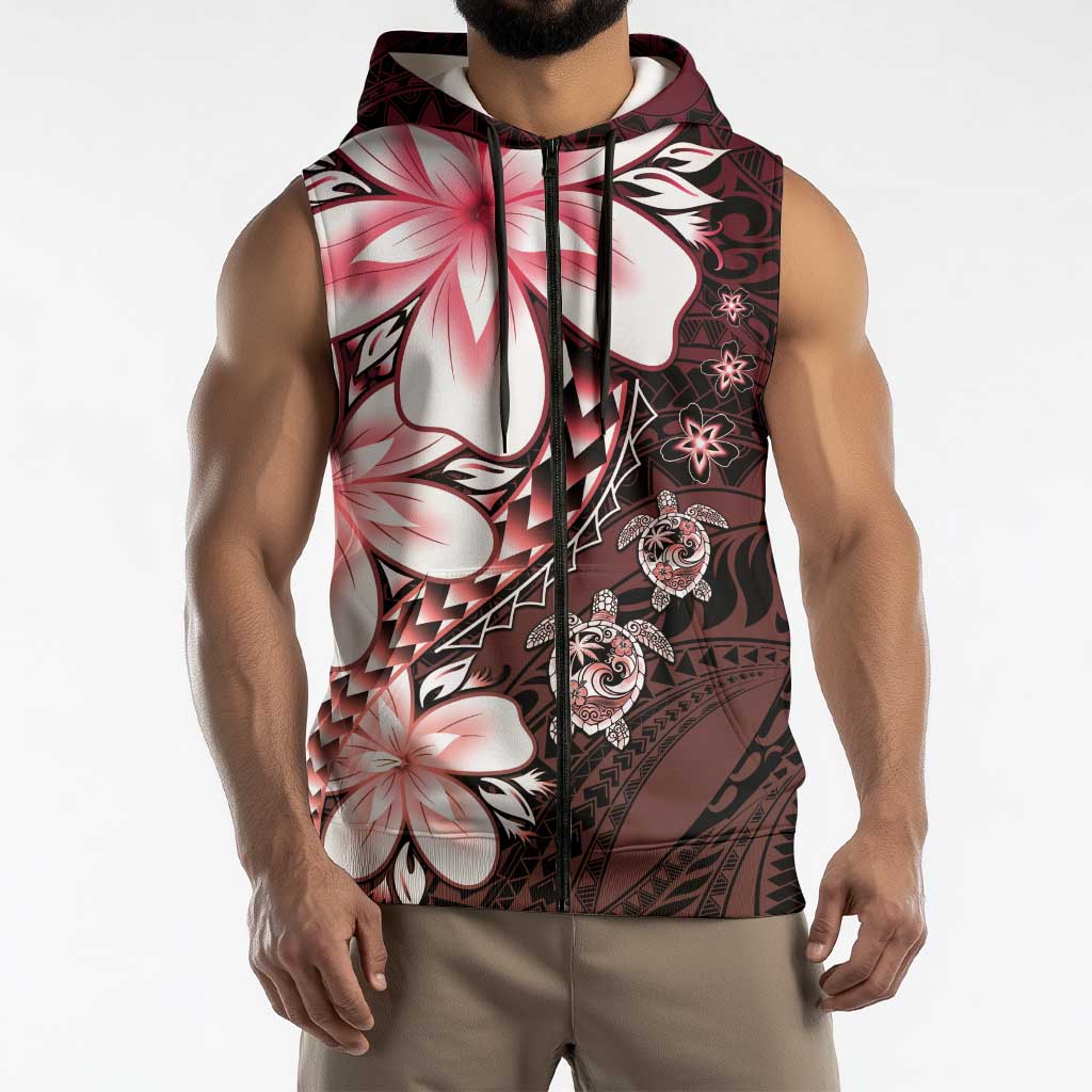 Polynesia Romantic Valentine Sleeveless Zip Hoodie Sea Turtle Couple With Red Gradient Plumeria LT05 - Polynesian Pride