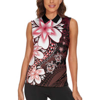 Polynesia Romantic Valentine Women Sleeveless Polo Shirt Sea Turtle Couple With Red Gradient Plumeria