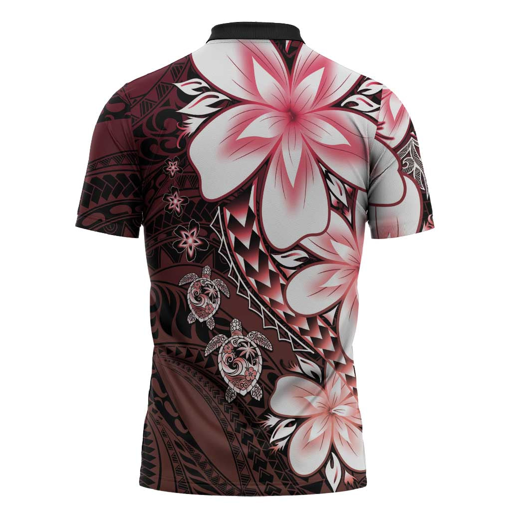 Polynesia Romantic Valentine Zipper Polo Shirt Sea Turtle Couple With Red Gradient Plumeria