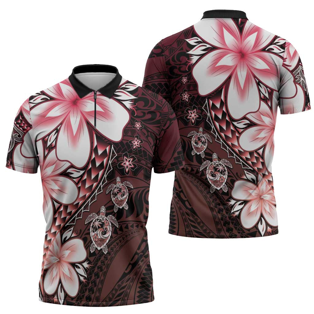 Polynesia Romantic Valentine Zipper Polo Shirt Sea Turtle Couple With Red Gradient Plumeria