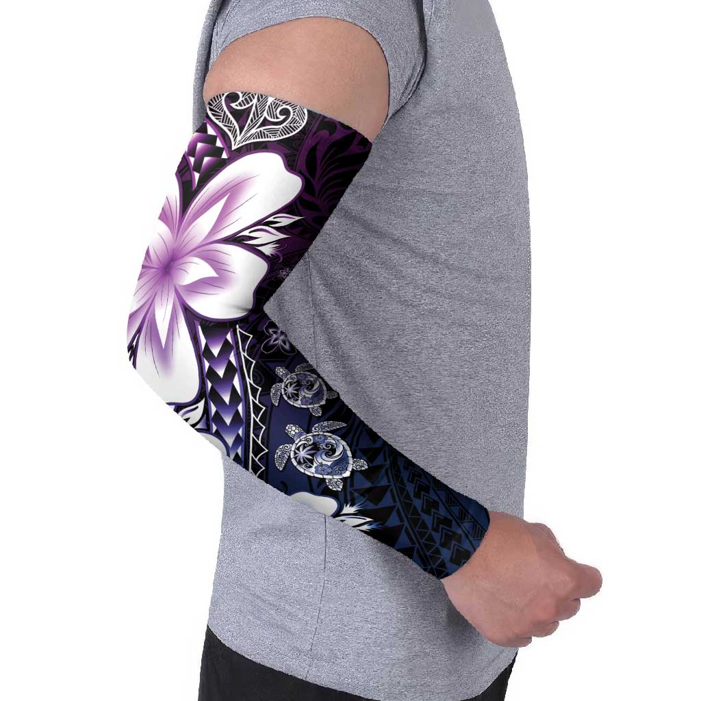 Polynesia Romantic Valentine Arm Sleeves Sea Turtle Couple With Purple Gradient Plumeria