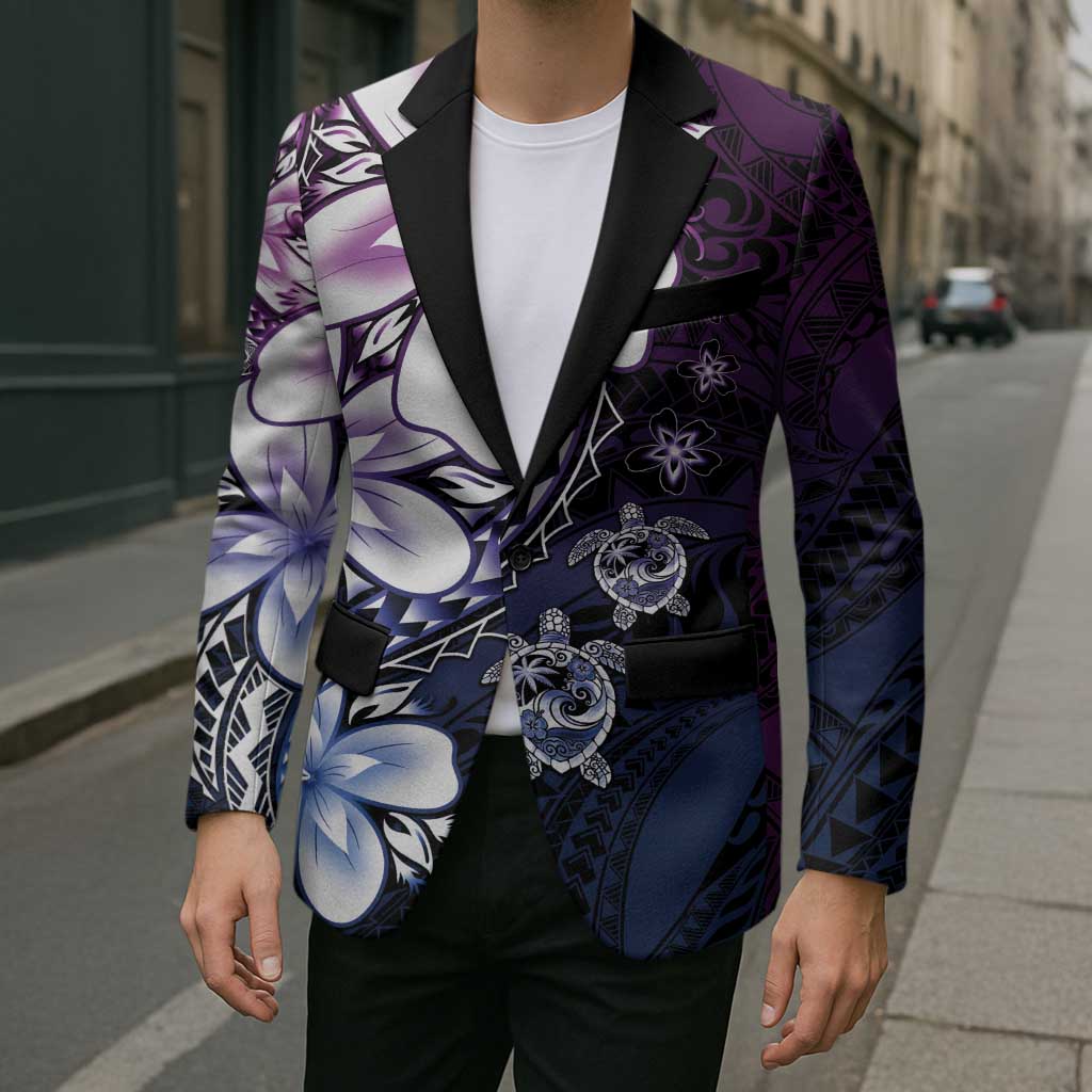 Polynesia Romantic Valentine Blazer Sea Turtle Couple With Purple Gradient Plumeria